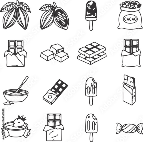 An Assortment of Chocolate Delights Hand-Drawn Chocolate-Themed Vector Illustrations Featuring Cacao Beans, Bars, Cubes, Ice Cream, Melted Chocolate, and Candy