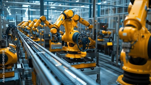 Robotics Assembly Line: A futuristic robotic arm assembly line showcases cutting-edge technology, automation, and efficiency in a state-of-the-art manufacturing environment.