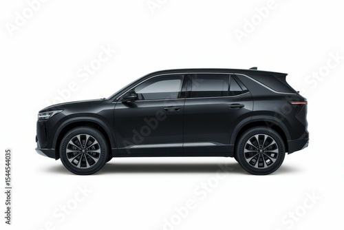 Side view of black SUV car isolated on white background with clipping path, with empty blank space for text copy space or mockup design, high detail, 8k