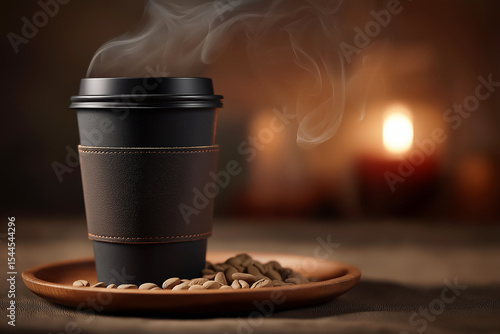 Black Paper Coffee Cup with Leather Sleeve, Steam, and Candlelight