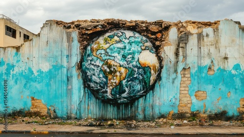 Earth artwork on the crumbling wall represents global challenges and decay