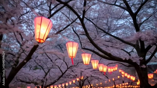 Wallpaper Mural Sakura blossoms and lanterns at dusk Torontodigital.ca