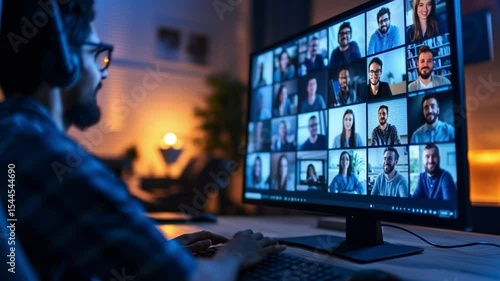 Virtual Collaboration: A modern workspace scene showcases a man engaged in a video conference with an international team. This photo highlights virtual meetings, online communication, and remote work.