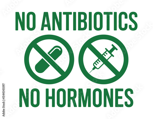 no antibiotics no hormones sign with green text, pill and syringe symbols inside prohibition circles on a clean white background