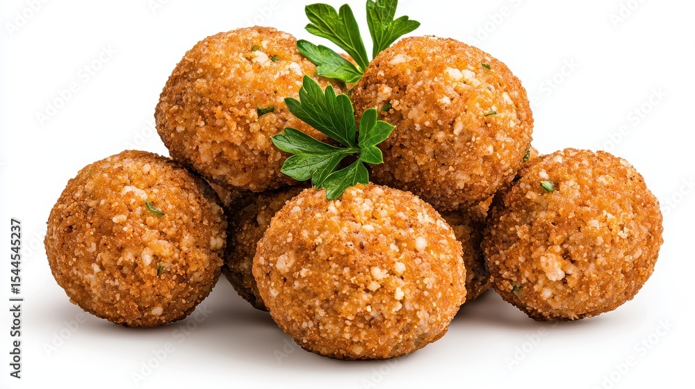 Crispy Golden Brown Fried Food Balls with Parsley Garnish on White Background Crispy Golden Brown Fried Food Balls with Parsley Garnish on White Background
