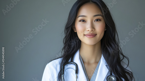 Close up shows a smiling Asian doctor wearing a stethoscope and white coat