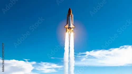 Majestic rocket launch soaring through the sky, climbing above fluffy clouds with bright flame and intense power during mission
