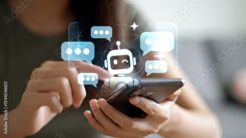 Wallpaper Mural Hands interact with smartphone as animated chat bubbles and AI icons float above, simulating real-time messaging Torontodigital.ca
