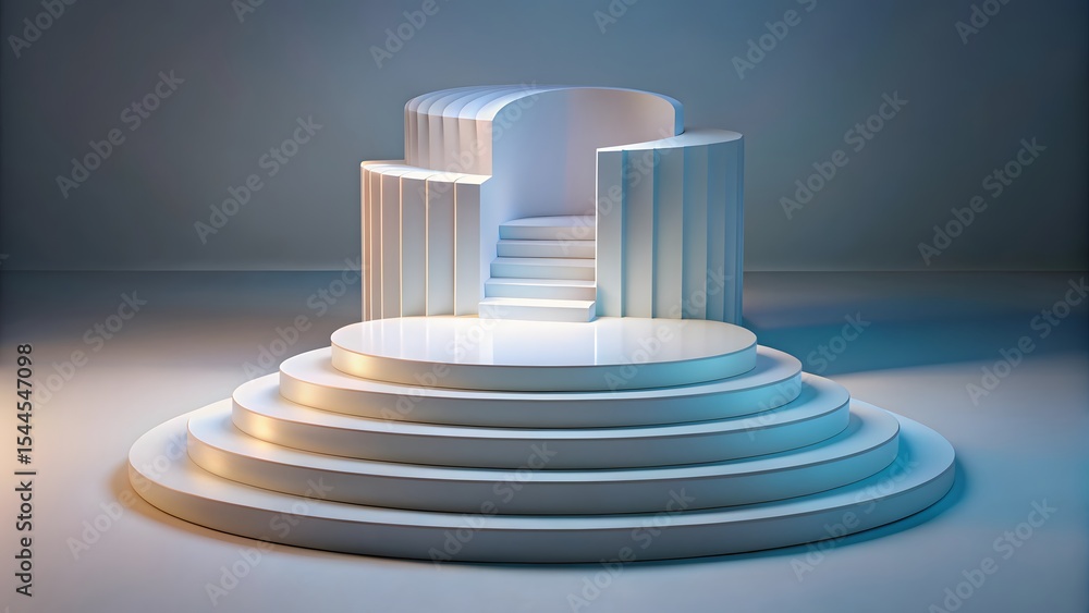 Abstract white circular platform with stairs, modern minimalist design, studio setting Abstract white circular platform with stairs, modern minimalist design, studio setting