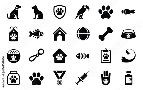 collection of black and white pet-related icons including animals, accessories, veterinary tools, and care elements in vector style