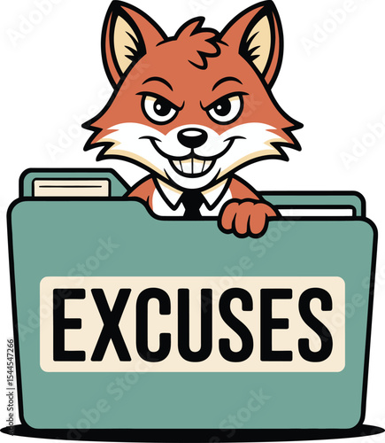 Sly Fox  Excuses Folder Cartoon Mascot for Procrastination Accountability and Deadline Concepts