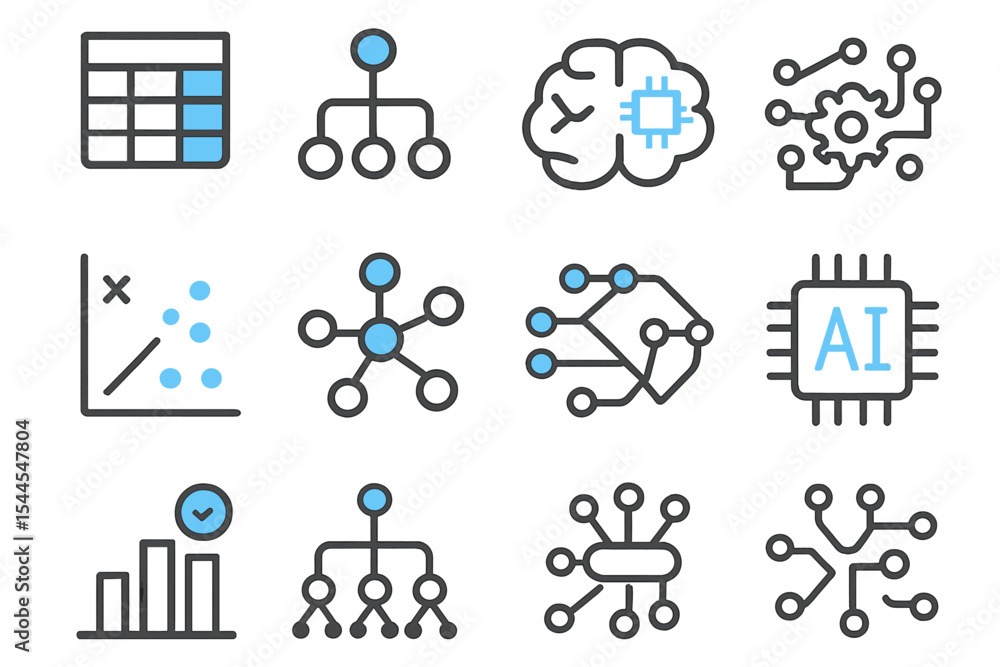 Fototapeta premium Ai and data icons: machine learning, neural networks, graphs, technology