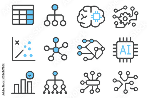 Ai and data icons: machine learning, neural networks, graphs, technology