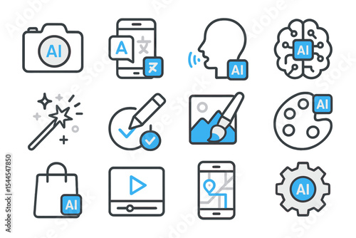 Ai technology icons for photography, translation, and art tools