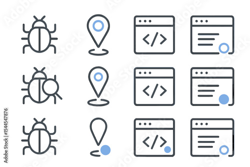 Digital interface icons with bugs, location pins, and code windows