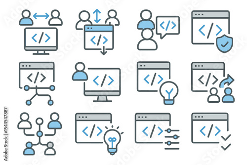Coding and collaboration concept icons with developers and computers
