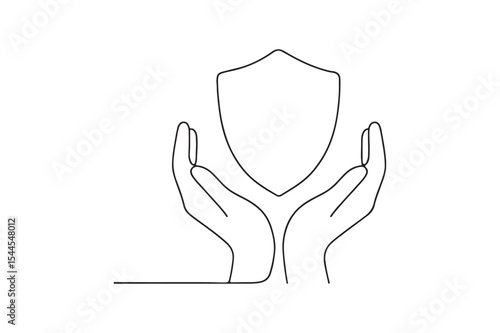 Hands holding shield continuous one line drawing minimalism design