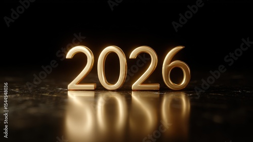 Luxurious golden 2026 numbers with reflection on a dark background