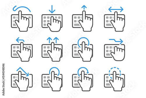 Touchscreen gesture icons with arrows for swipe and tap interactions