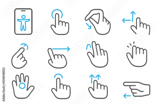 Touchscreen gesture icons set with hand movements and touch interface symbols
