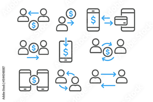 Blue money icons showing digital transactions on dark background