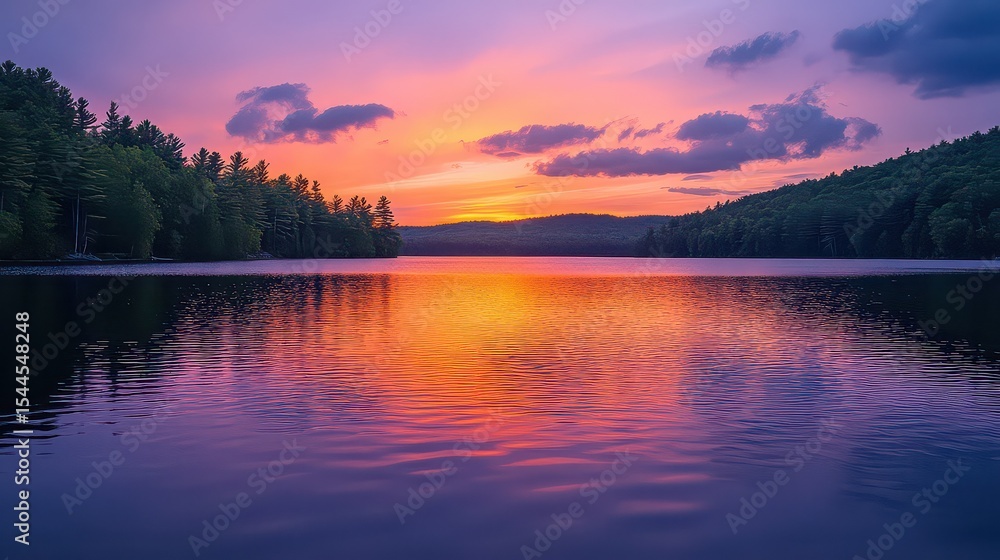 Obraz premium Sunset reflection over a calm lake surrounded by trees and hills under a colorful sky scene view