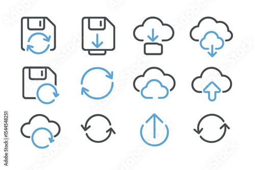 Glowing blue data sync and cloud icons on dark background