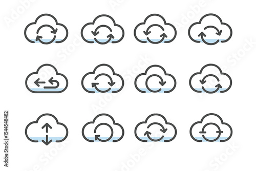 Cloud computing icons with synchronization and data transfer symbols