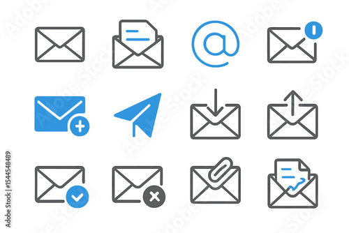 Neon email icons: send, attach, receive, compose & more