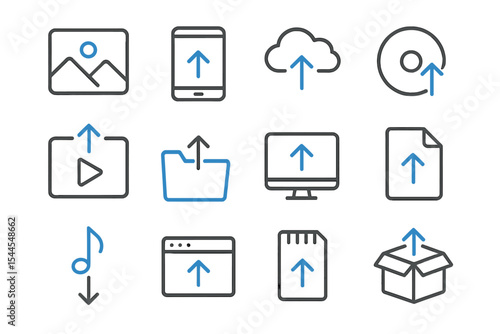 Digital file upload icons set with cloud and arrow symbols