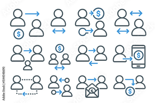 Digital payment icons illustrating money transactions with people and mobile devices