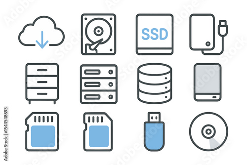 Data storage icons: cloud, hard drive, ssd, usb, cd, server, memory card