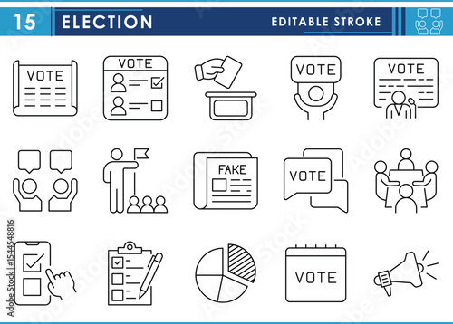 A set of line icons related to Election. Elect, vote, fake, news, party, leadership, democracy, and so on. Vector editable stroke.