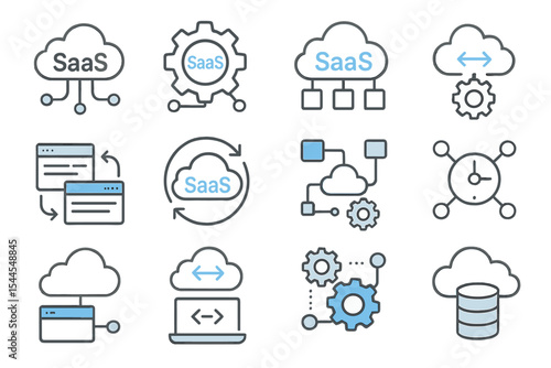 Saas cloud computing icons - software, data, storage, gear, technology