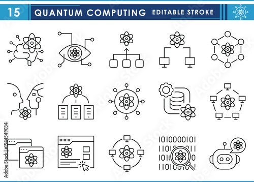 A set of line icons related to Quantum Computing. Compute, processor, database, website, connect, brain, and so on. Vector editable stroke.
