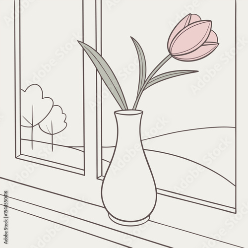 Tulip in a vase on a windowsill with a landscape outside vector illustration
