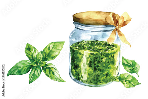 Watercolor painting of pesto sauce in jar with basil leaves on transparent background vector