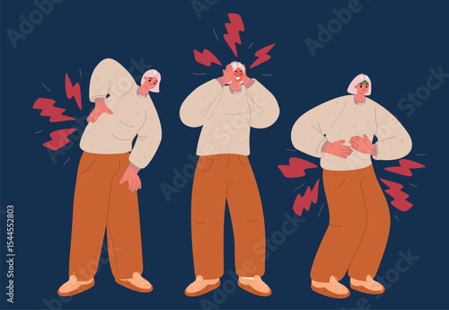 Cartoon vector illustration of a woman in three poses showing discomfort, symbolizing self-care, body awareness, and wellness