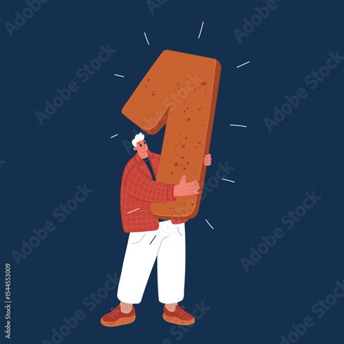 Cartoon vector illustration of a man holding the number one, symbolizing new beginnings, motivation, and goal setting