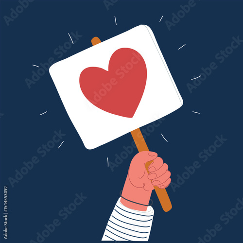 Cartoon vector illustration of a banner with a heart in a human hand, symbolizing responsibility, commitment, and mutual aid