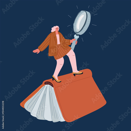 Cartoon vector illustration of a woman flying on a book with a magnifying glass, symbolizing critical thinking, truth-seeking, and navigating information overload