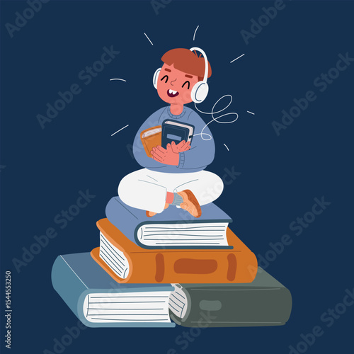 Cartoon vector illustration of a boy sitting on a stack of books and listening to an audiobook, symbolizing storytelling, imagination escape, and creative relaxation