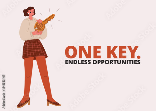 Cartoon vector illustration of a woman holding an oversized key, symbolizing personal boundaries, protection, and inner values