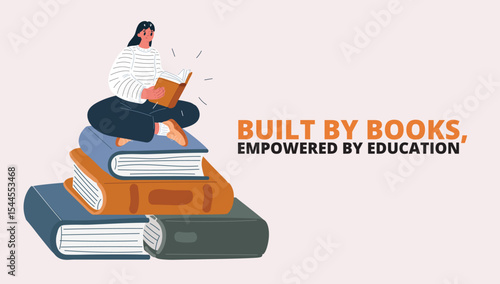 Cartoon vector illustration of a woman sitting on a stack of books, symbolizing confidence built on experience and personal growth
