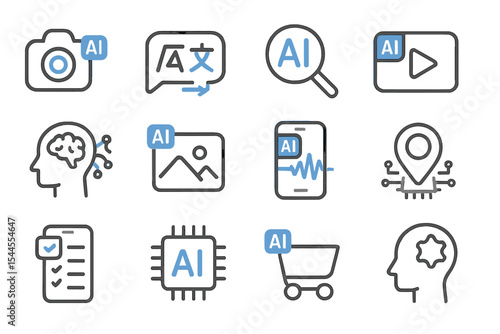Set of ai technology icons featuring various applications on a dark background