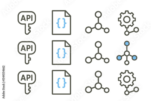 Api key and automation icons on yellow background with technical symbols