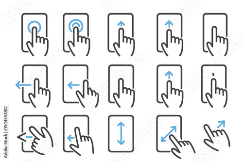 Interactive gesture icons for touchscreen interfaces on black background