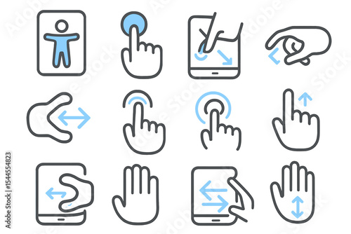 Neon gesture icons on dark background illustrating touch screen interactions