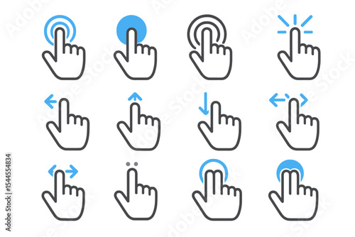 Gesture icons: twelve touchscreen movements with blue highlights on dark background