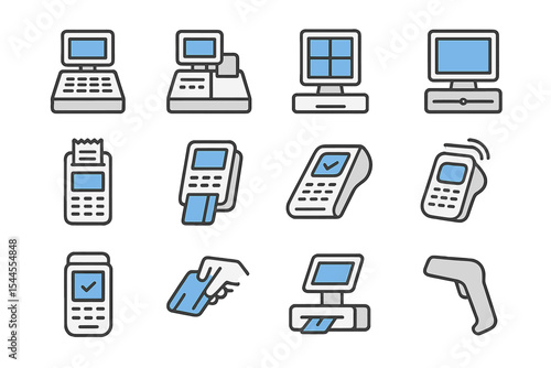 Digital payment icons set: pos systems, mobile transactions, credit card readers